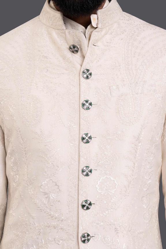 Raghavendra Rathore Jodhpur Off White Silk Embroidered Achkan 6