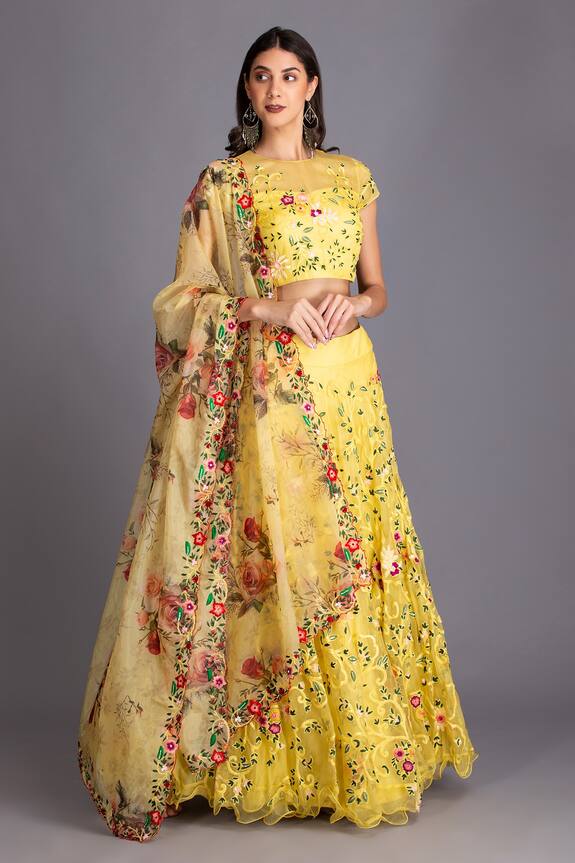 Buy House of Tushaom Yellow Organza Floral Embroidered Lehenga Online ...