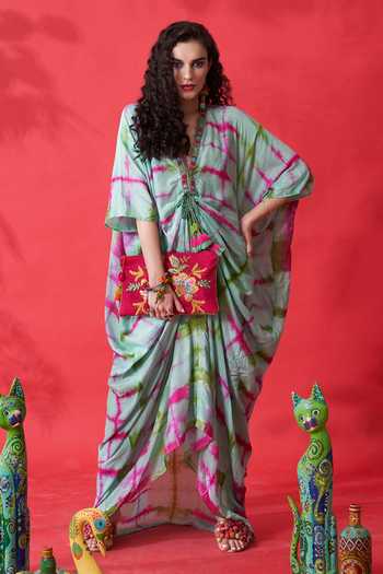 Women Olive Green Tie Dye Printed Rayon Kaftan Tunic With Trousers