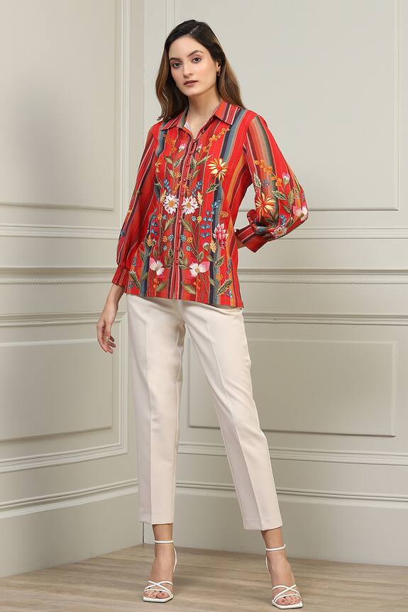 Ranna Gill Linen Floral Embroidered Shirt 0