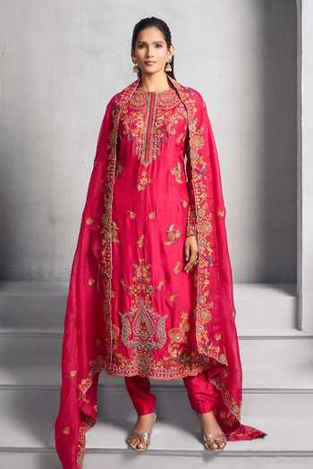 Cream & Fuchsia Zardozi Embroidered Festive Kurta Set With Dupatta