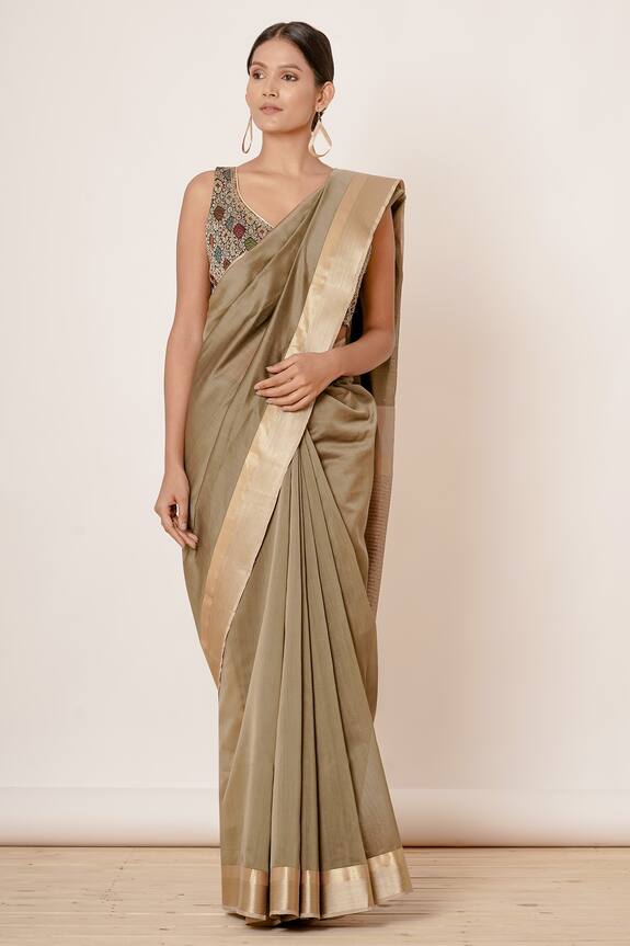 Aharin Green Pure Handwoven Chanderi Saree With Blouse 0