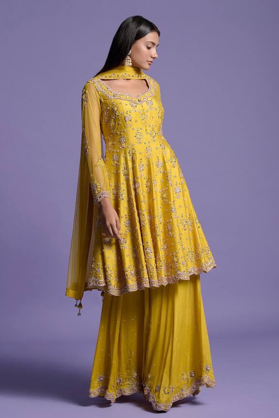 Two Sisters By Gyans Yellow Viscose Embroidered Anarkali Sharara Set 3