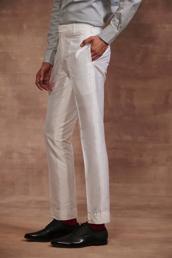 Shop_Raghavendra Rathore Jodhpur_White Silk Tapered Trouser_at_Aza_Fashions