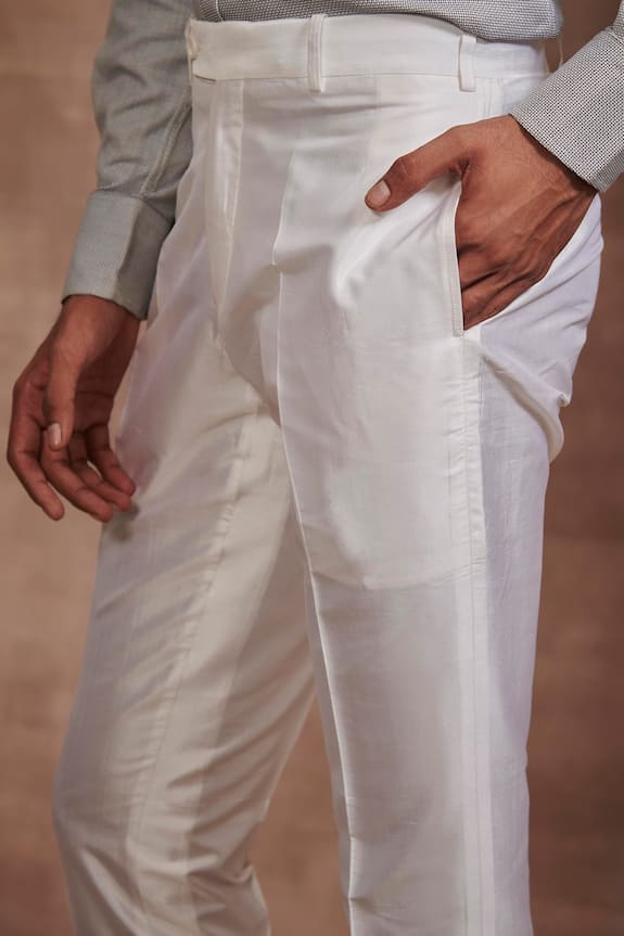 Raghavendra Rathore Jodhpur_White Silk Tapered Trouser_Online_at_Aza_Fashions
