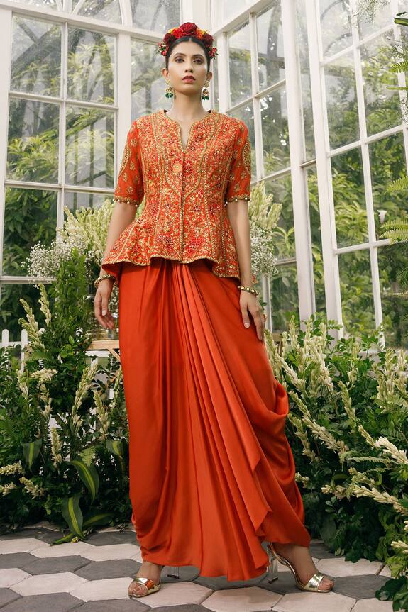 Adi By Aditya Khandelwl Orange Silk Embroidered Jacket And Draped Skirt Set 1