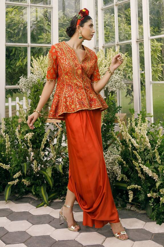 Adi By Aditya Khandelwl Orange Silk Embroidered Jacket And Draped Skirt Set 3
