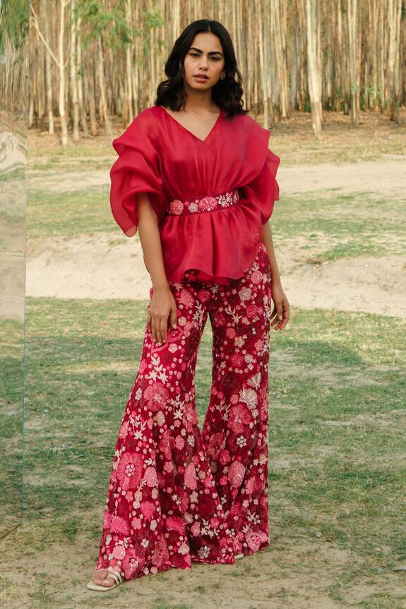 Mishru Pink Organza Renne Top And Floral Embroidered Pant Set 1