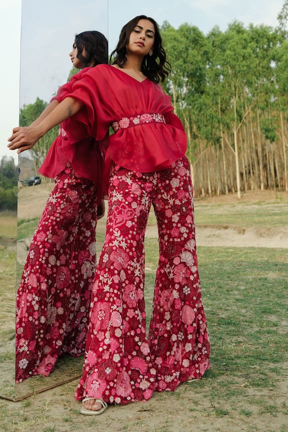 Mishru Pink Organza Renne Top And Floral Embroidered Pant Set 2