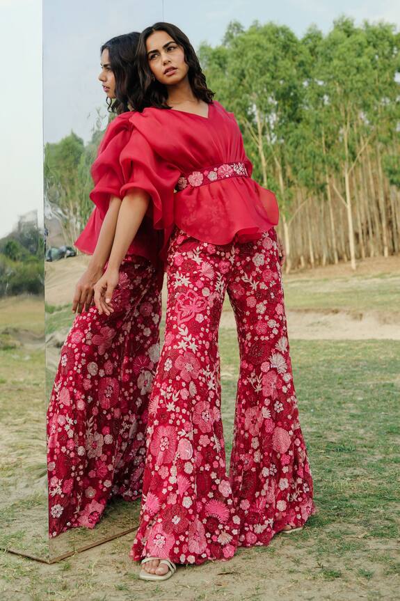 Mishru Pink Organza Renne Top And Floral Embroidered Pant Set 3
