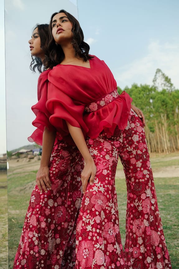 Mishru Pink Organza Renne Top And Floral Embroidered Pant Set 4