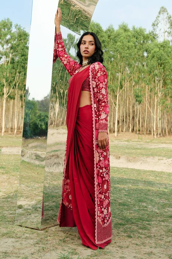 Buy Mishru Pink Tulle Aine Predraped Saree And Long Jacket Set Online