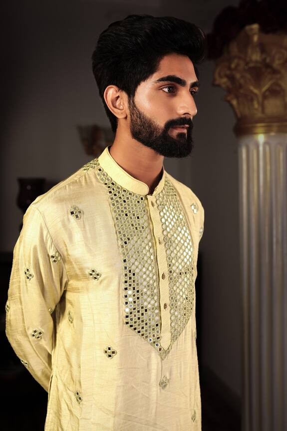 Shop_YAJY by Aditya Jain_Green Bal Silk Kurta Set_Online_at_Aza_Fashions