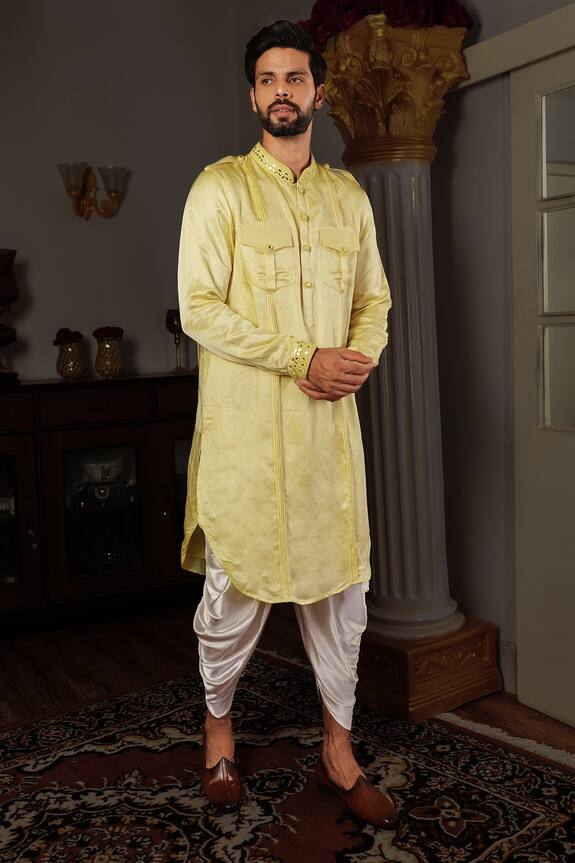YAJY by Aditya Jain Yellow Silk Dhaya Kurta And Dhoti Pant Set 1
