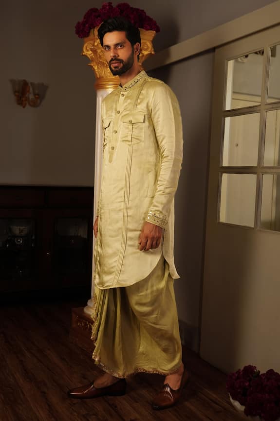 Buy_YAJY by Aditya Jain_Green Keyshi Silk Kurta And Dhoti Pant Set_Online_at_Aza_Fashions