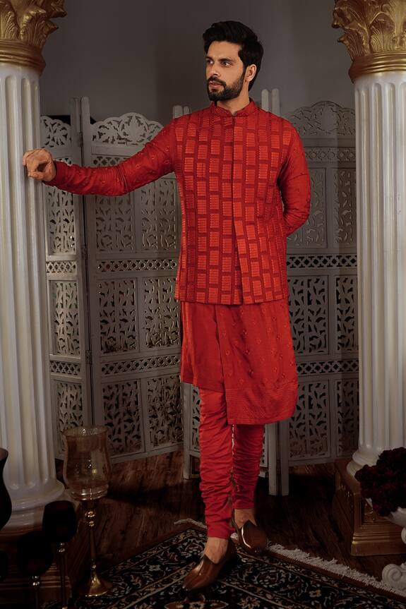 YAJY by Aditya Jain Red Silk Dara Bundi And Kurta Set 3