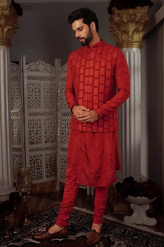 YAJY by Aditya Jain Red Silk Dara Bundi And Kurta Set 6