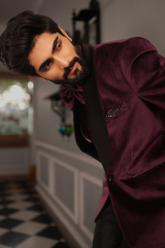 YAJY by Aditya Jain Purple Suede Trij Embroidered Tuxedo And Pant Set 4