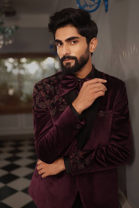 YAJY by Aditya Jain Purple Suede Trij Embroidered Tuxedo And Pant Set 5