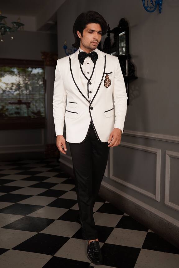YAJY by Aditya Jain White Italian Suiting Rish Embroidered Tuxedo And Pant Set 1