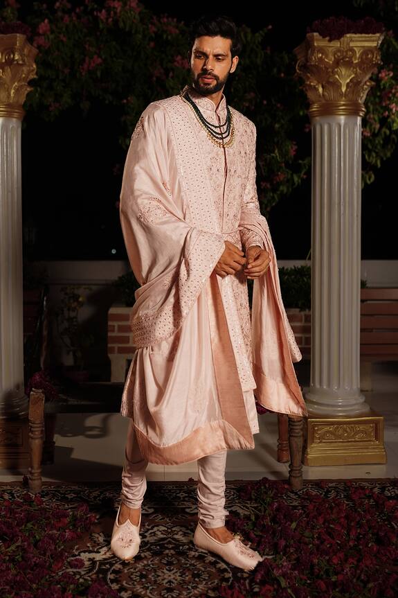 YAJY by Aditya Jain Pink Raw Silk Kush Embroidered Sherwani Set 4