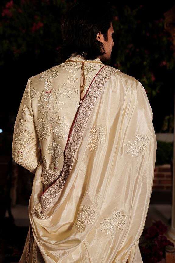YAJY by Aditya Jain Off White Raw Silk Lava Embroidered Sherwani Set 2