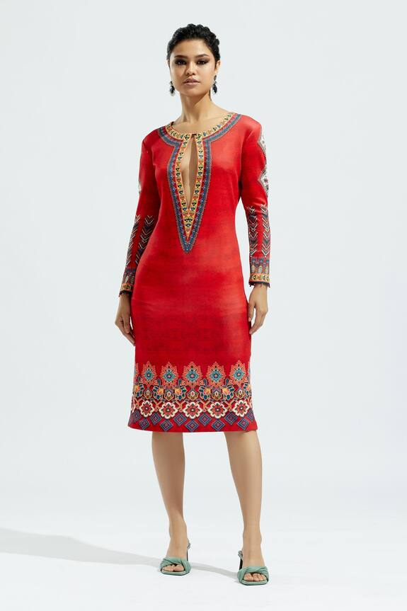 Rajdeep Ranawat Red Lycra Nora Printed Shift Dress 0