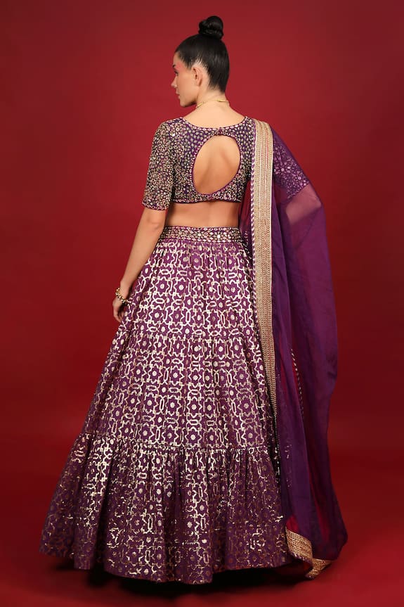 Neha Khullar Purple Cotton Shantoon Banarasi Chanderi Tiered Lehenga Set 2