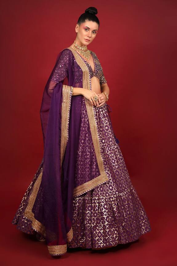 Neha Khullar Purple Cotton Shantoon Banarasi Chanderi Tiered Lehenga Set 3