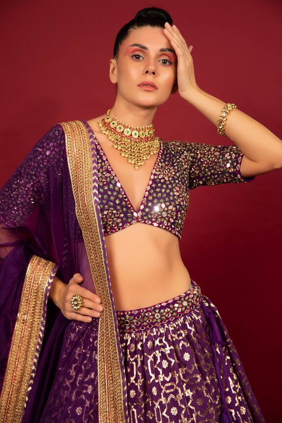 Neha Khullar Purple Cotton Shantoon Banarasi Chanderi Tiered Lehenga Set 6