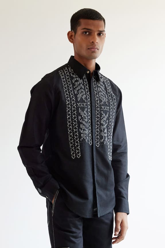 Buy Countrymade Black Linen Asymmetric Yoke Shirt Online | Aza Fashions