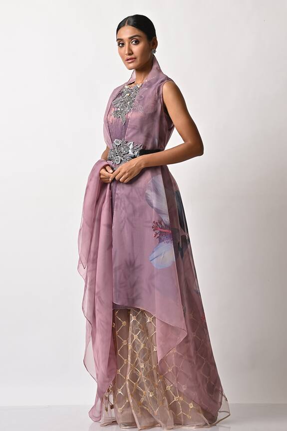 Kiran Uttam Ghosh Purple Pleated Polyester Mix Floral Print Overlay Sharara Set 1