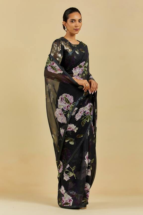 Atelier Shikaarbagh Black Charlotte Printed Saree With Blouse 3