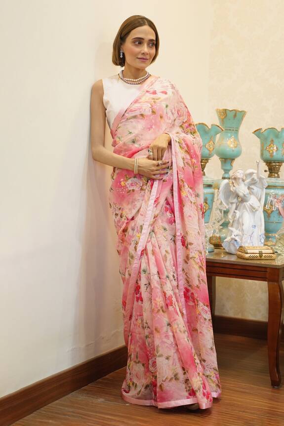 Buy_Atelier Shikaarbagh_Pink Audrey Printed Saree With Blouse_at_Aza_Fashions
