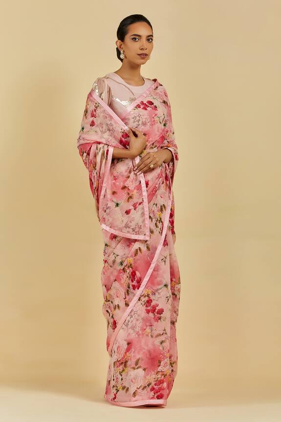 Atelier Shikaarbagh_Pink Audrey Printed Saree With Blouse_Online_at_Aza_Fashions