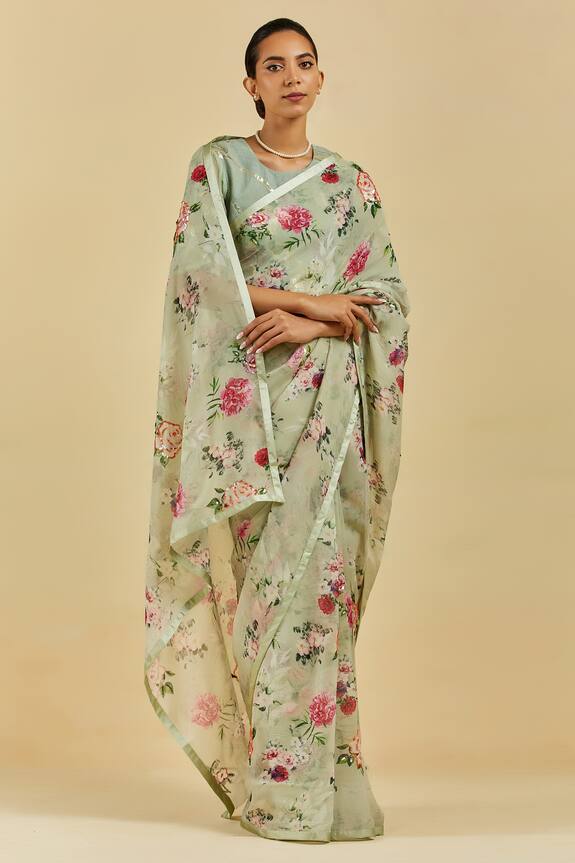 Atelier Shikaarbagh Green Natalie Printed Saree With Blouse 1