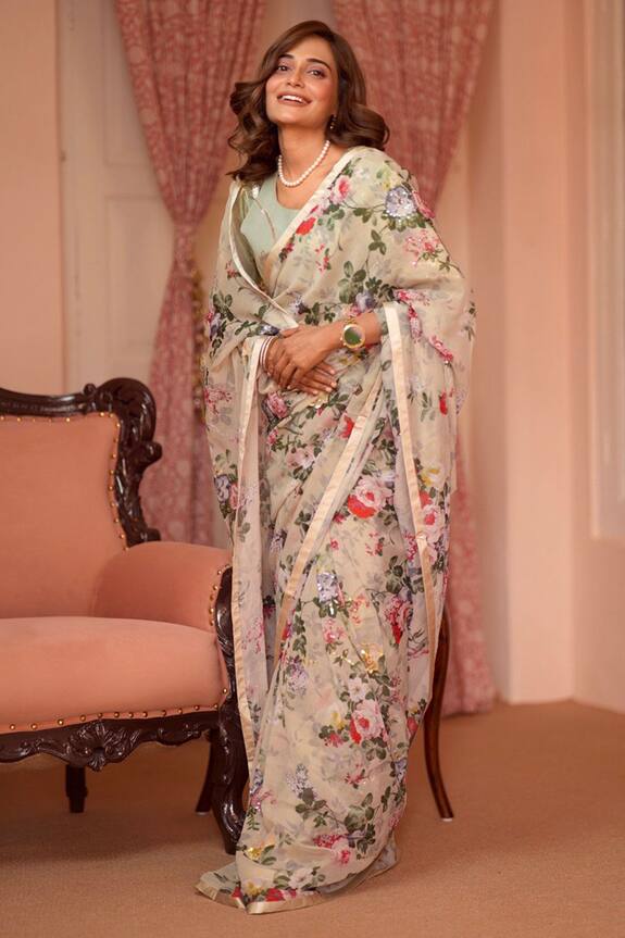 Buy_Atelier Shikaarbagh_Grey Annette Printed Saree With Blouse_at_Aza_Fashions