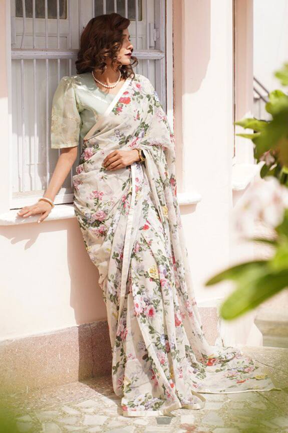Buy_Atelier Shikaarbagh_Grey Annette Printed Saree With Blouse_Online_at_Aza_Fashions