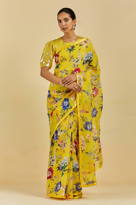 Atelier Shikaarbagh Yellow Claire Floral Print Saree With Blouse 1