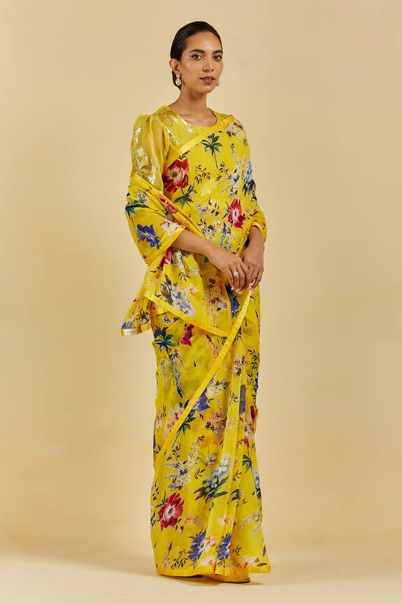 Atelier Shikaarbagh Yellow Claire Floral Print Saree With Blouse 3
