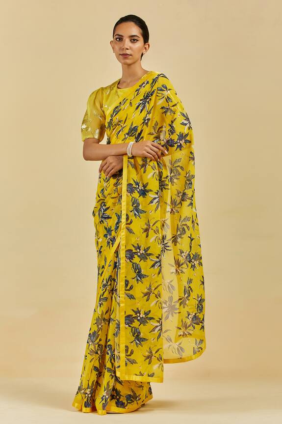 Atelier Shikaarbagh_Yellow Caroline Leaf Print Saree With Blouse_Online_at_Aza_Fashions