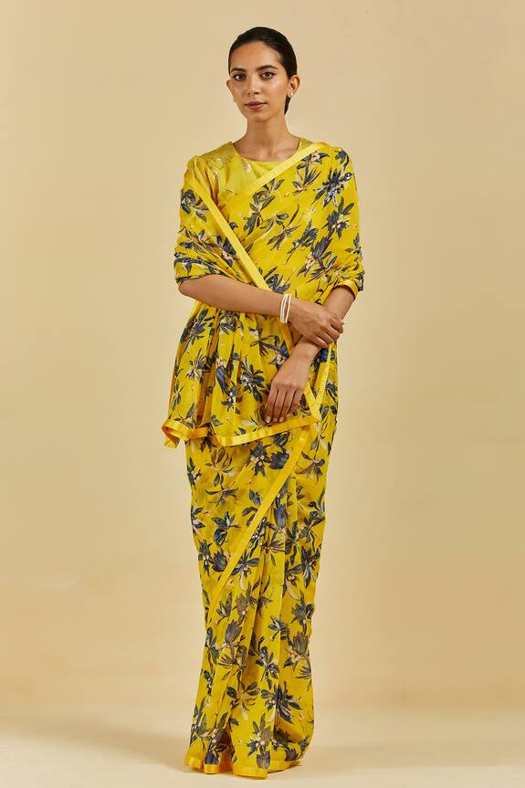 Buy_Atelier Shikaarbagh_Yellow Caroline Leaf Print Saree With Blouse_Online_at_Aza_Fashions