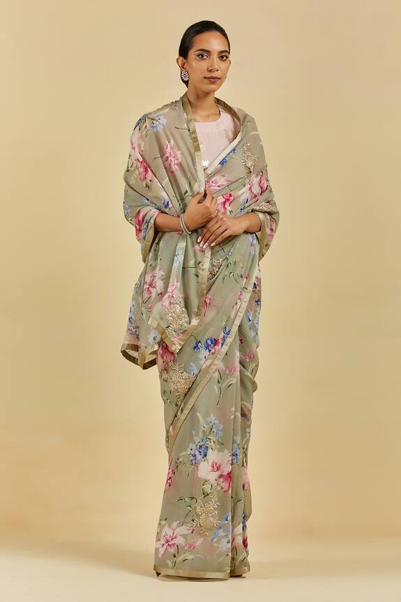 Atelier Shikaarbagh Green Celine Printed Saree With Blouse 4