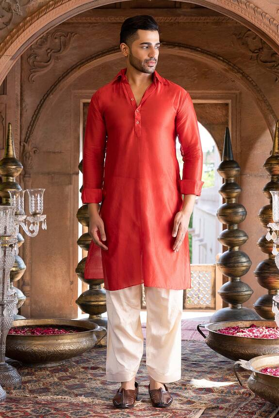 Chhavvi Aggarwal Red Glaze Cotton Rolled Up Sleeve Pathani Kurta Set 1