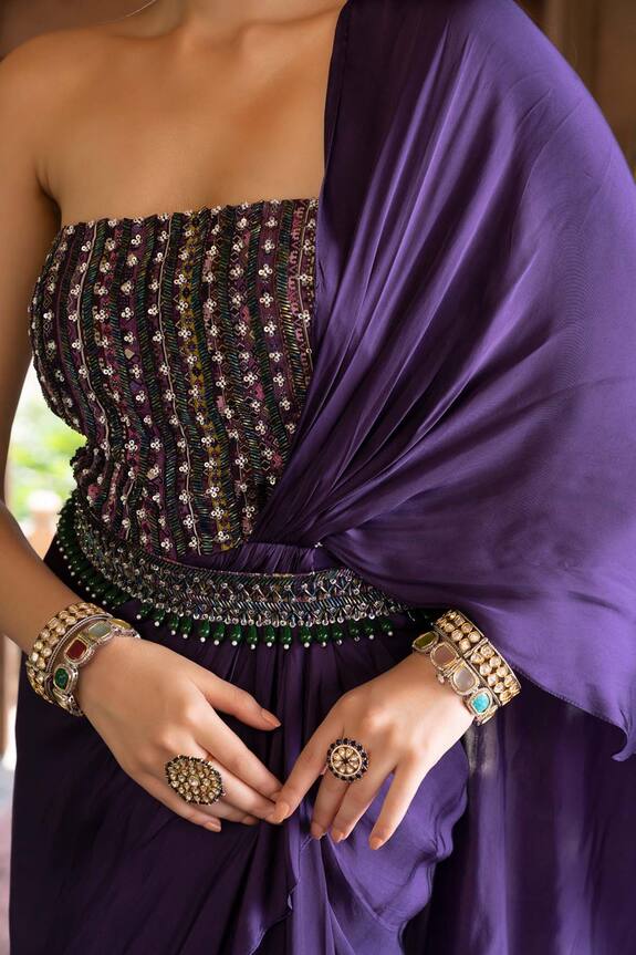 Chhavvi Aggarwal Purple Shantoon Strapless Saree Gown With Belt 4