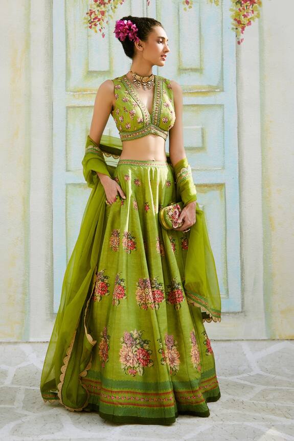 Buy Basil Leaf Green Tussar Floral Print Lehenga Set Online Aza Fashions