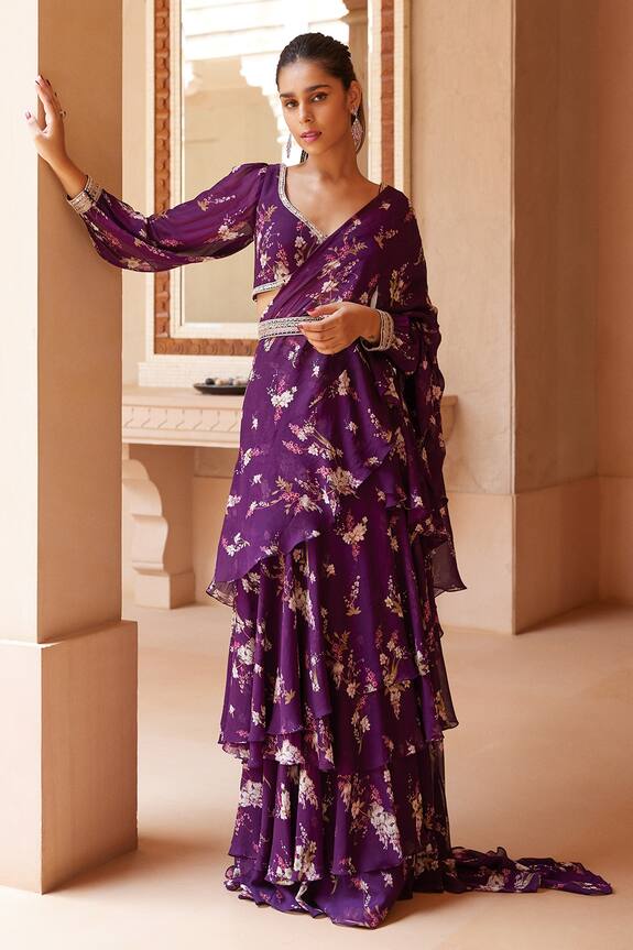 Sana Barreja Purple Georgette Farisha Printed Ruffle Pre-draped Saree Set 1