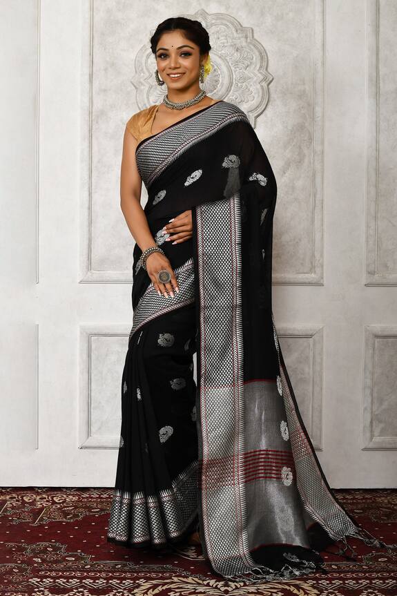 Buy_Aryavir Malhotra_Black Cotton Peacock Motif Saree_at_Aza_Fashions