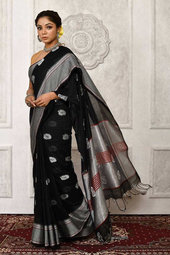 Aryavir Malhotra_Black Cotton Peacock Motif Saree_Online_at_Aza_Fashions