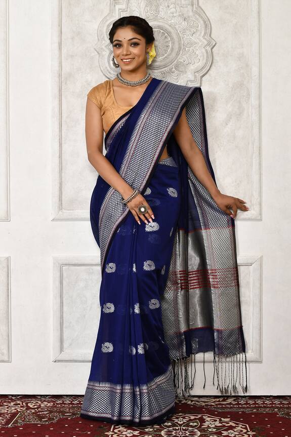 Aryavir Malhotra_Blue Peacock Motif Cotton Saree_Online_at_Aza_Fashions